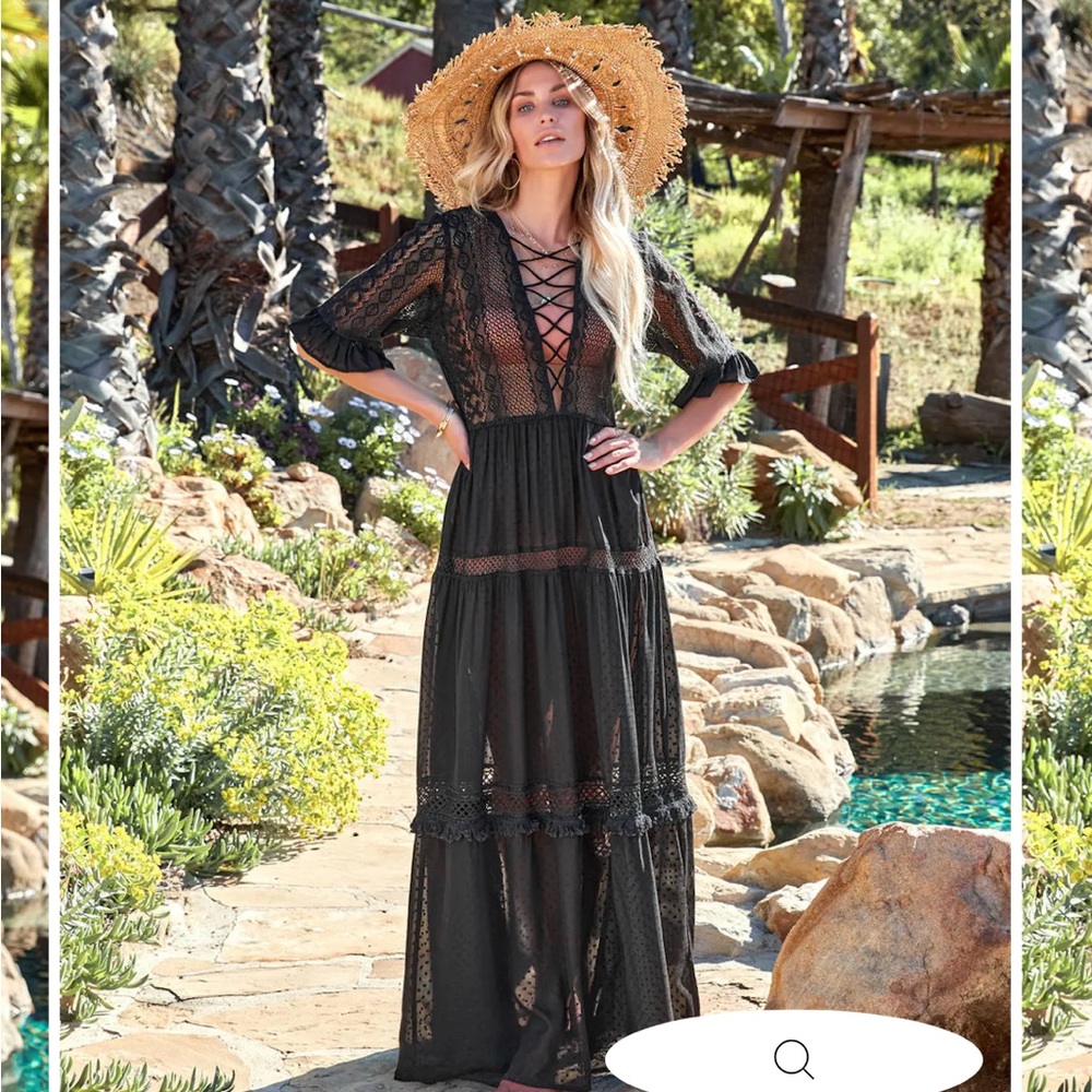 EMMA SHEER CROCHET LACE MAXI DRESS - BLACK